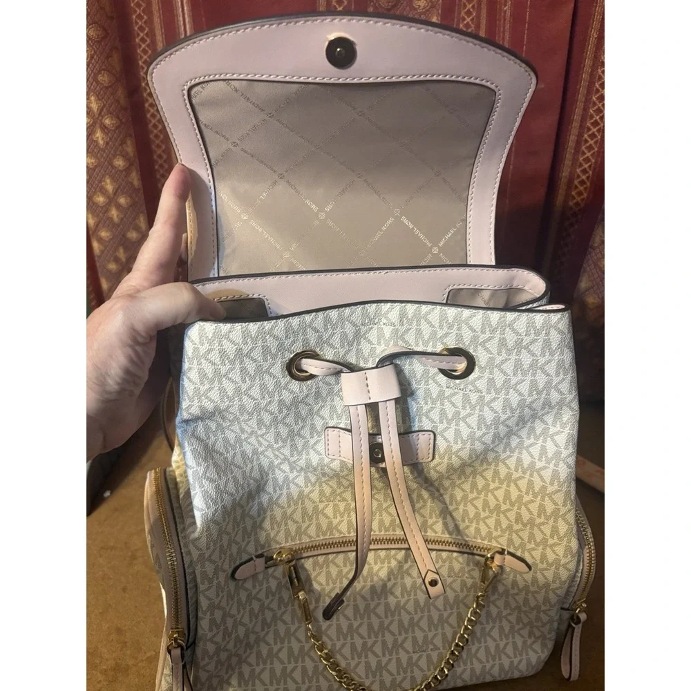 Michael Kors Abbey Medium Backpack Vanilla MK Logo Blush Pink Leather Gold Chain